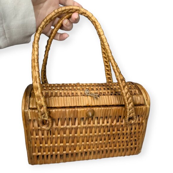 Vintage 70s Wicker & Wood Handbag - Picture 1 of 14